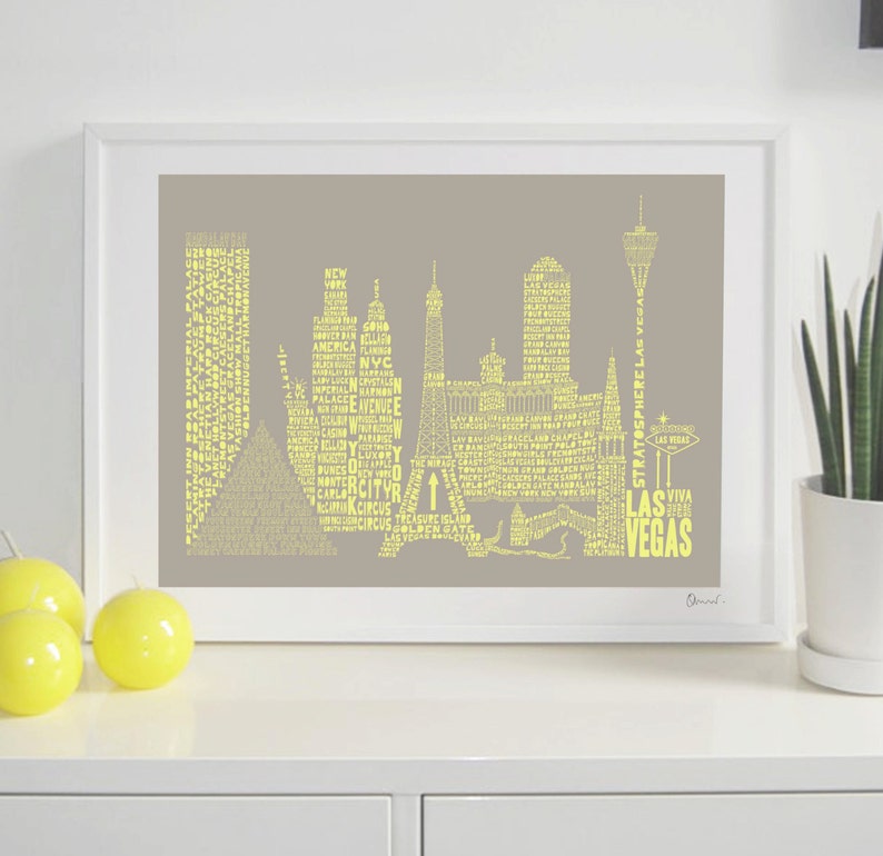 Las Vegas Skyline Typography Print stone & faded neon