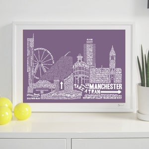 Manchester Skyline Typography Print pale berry & white