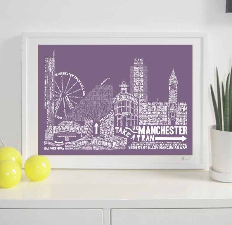 Manchester Skyline Typography Print pale berry & white