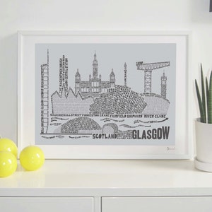 Glasgow Skyline Typography Print pale grey & slate