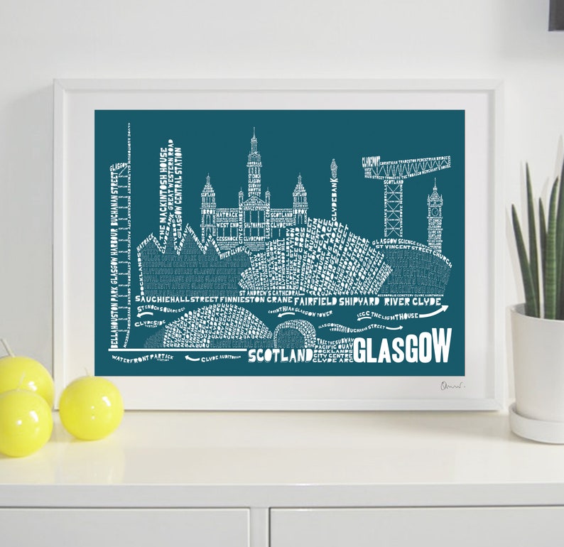Glasgow Skyline Typography Print teal & white