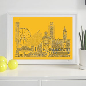 Manchester Skyline Typography Print sunflower & grey