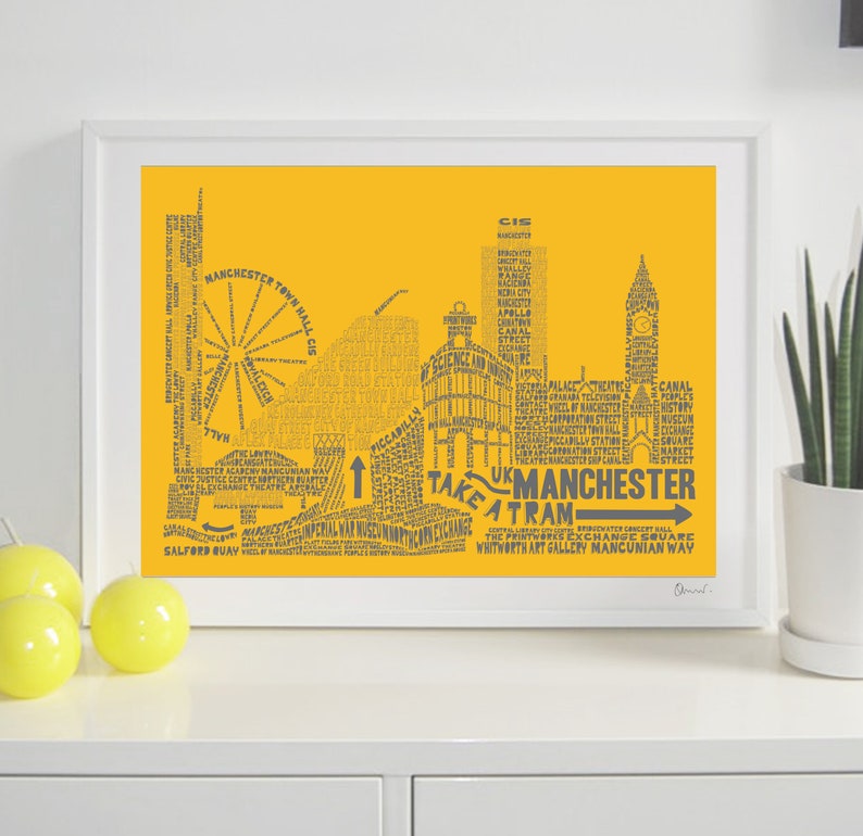 Manchester Skyline Typography Print sunflower & grey