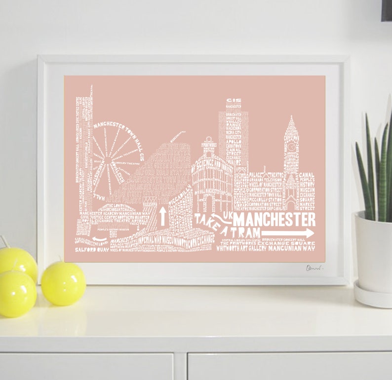 Manchester Skyline Typography Print blush & white