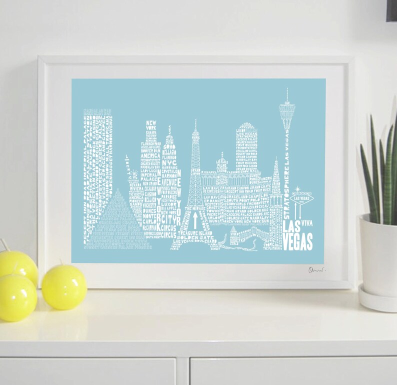 Las Vegas Skyline Typography Print pale aqua & white