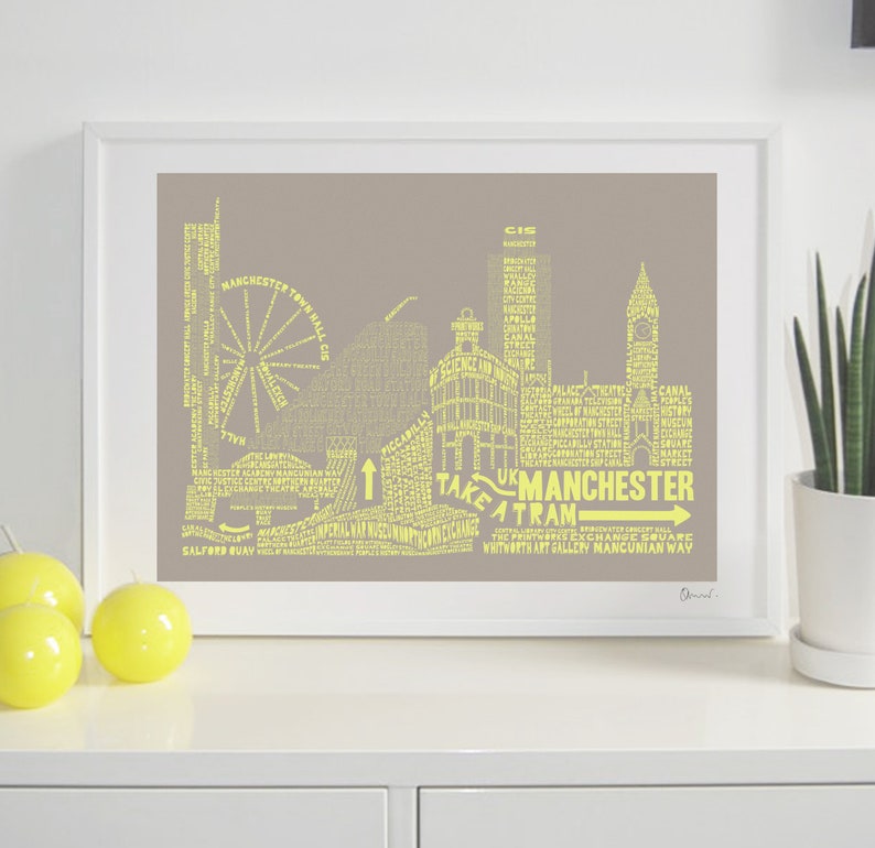 Manchester Skyline Typography Print stone & faded neon