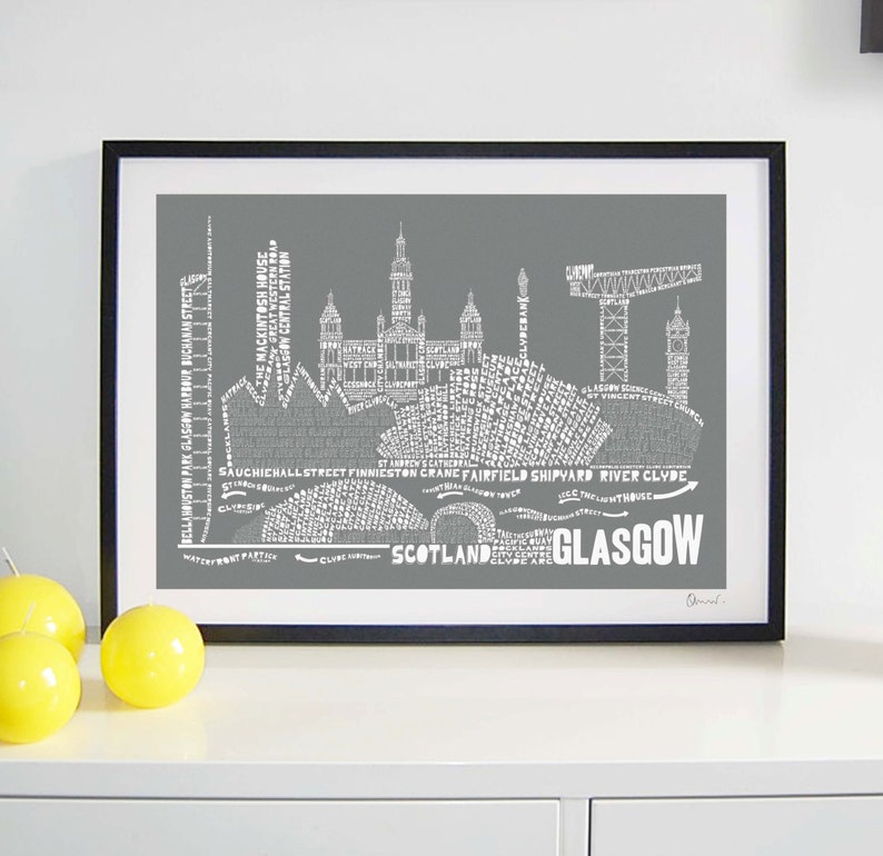 Glasgow Skyline Typography Print slate grey