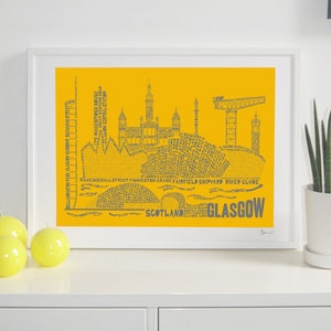 Glasgow Skyline Typography Print sunflower & grey