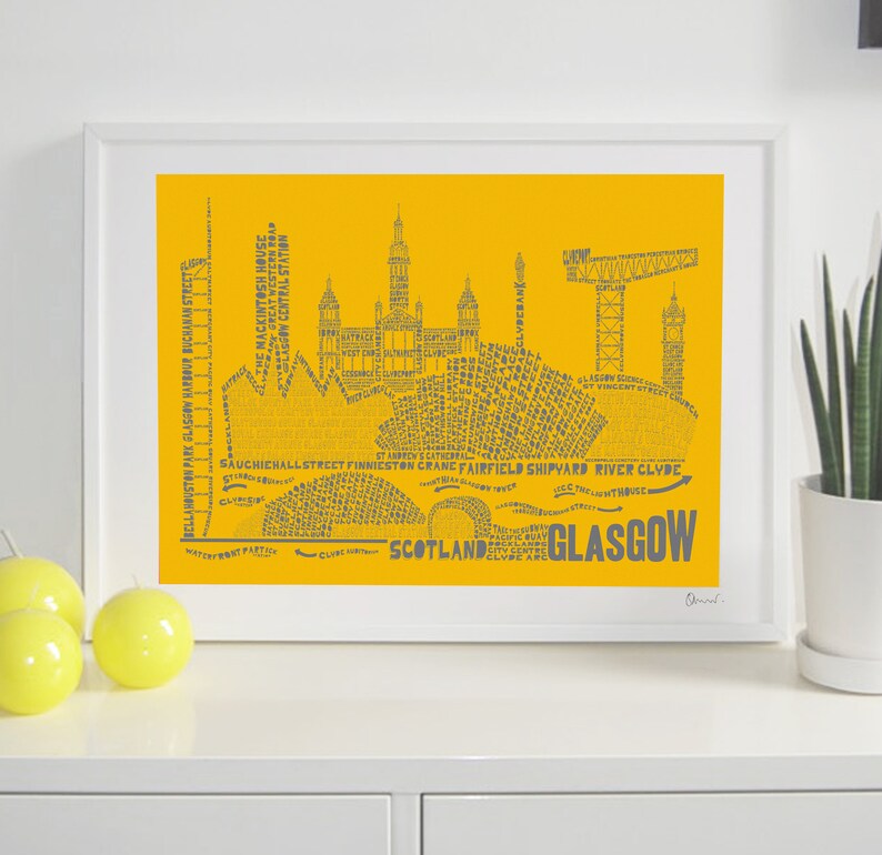 Glasgow Skyline Typography Print sunflower & grey