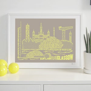 Glasgow Skyline Typography Print stone & faded neon