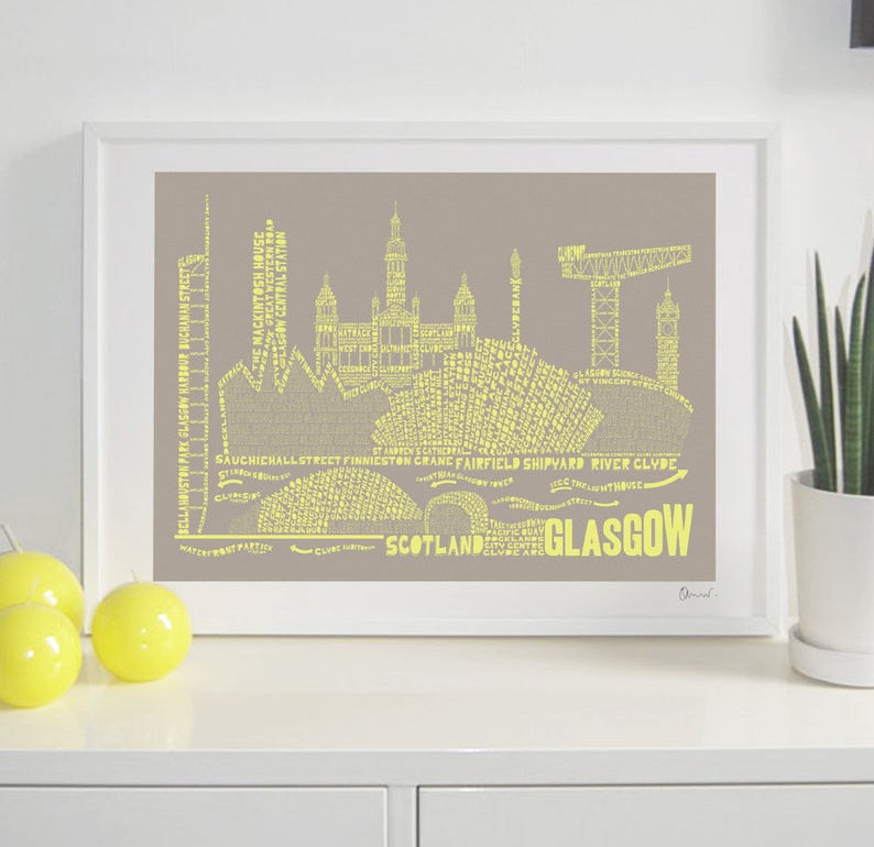 Glasgow Skyline Typography Print stone & faded neon