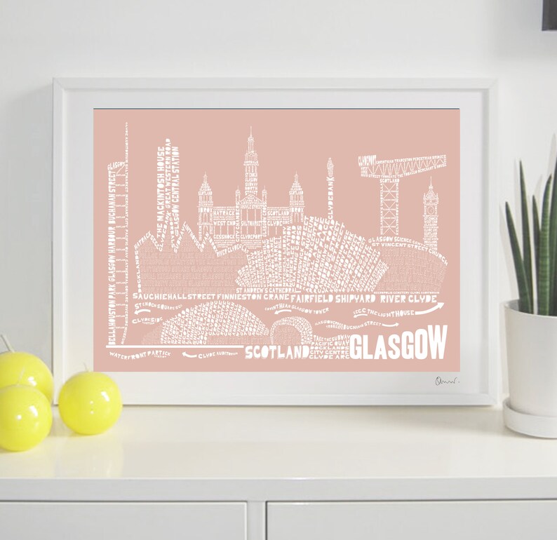 Glasgow Skyline Typography Print blush & white