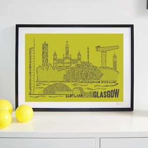 Glasgow Skyline Typography Print lime & grey