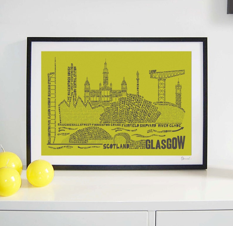 Glasgow Skyline Typography Print lime & grey