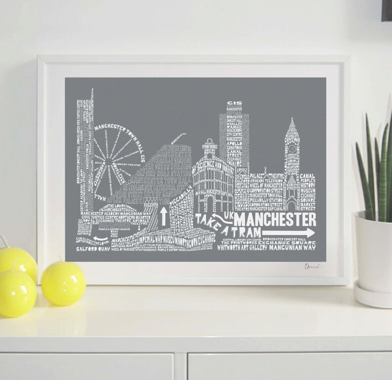 Manchester Skyline Typography Print slate grey