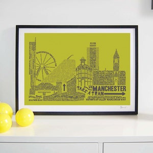 Manchester Skyline Typography Print lime & grey