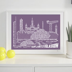 Glasgow Skyline Typography Print pale berry & white