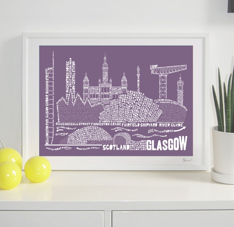 Glasgow Skyline Typography Print pale berry & white