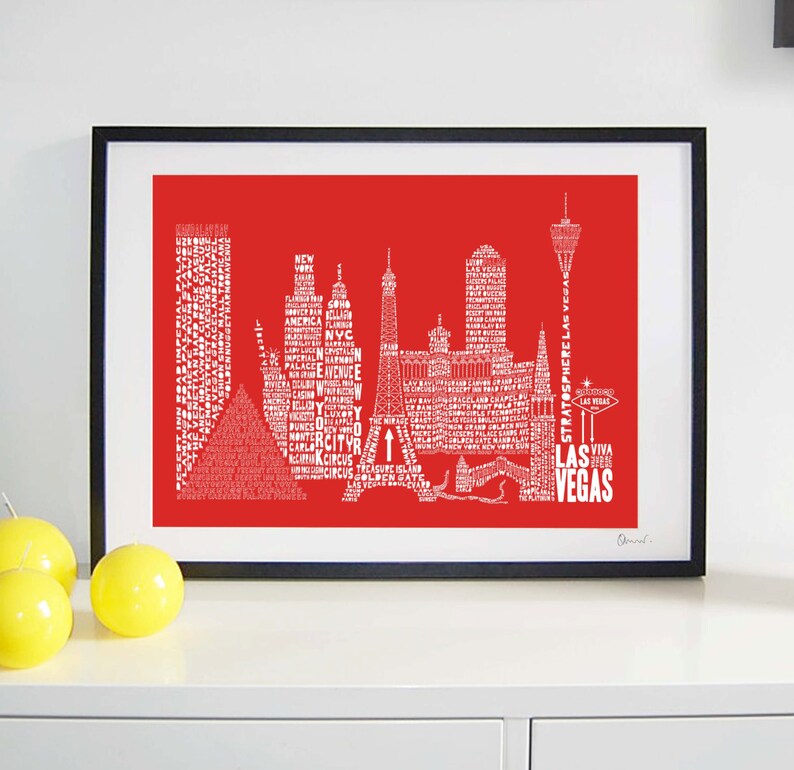 Las Vegas Skyline Typography Print red & white