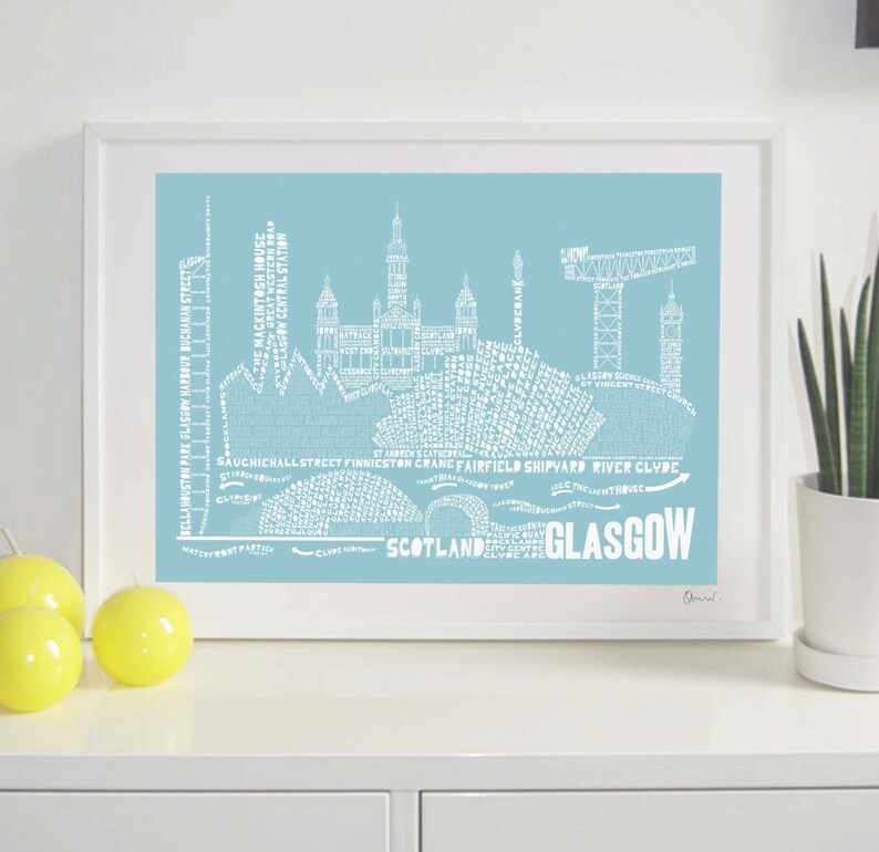 Glasgow Skyline Typography Print pale aqua