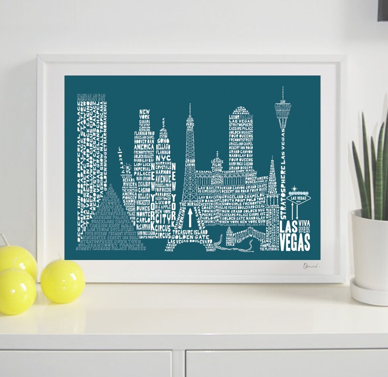 Las Vegas Skyline Typography Print teal & white