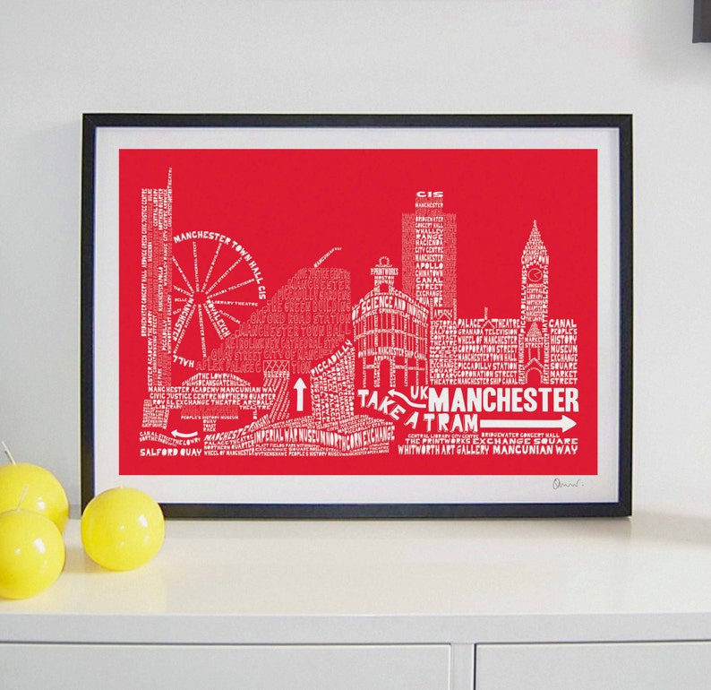 Manchester Skyline Typography Print Red