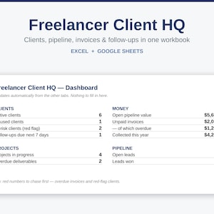 Hoja de cálculo para la gestión de clientes para autónomos / Seguimiento de clientes, CRM, registro de facturas, seguimiento de proyectos / Plantilla para Excel y Google Sheets