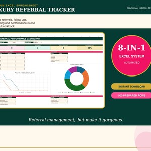 May include: A digital spreadsheet template titled Luxury Referral Tracker featuring a Referral Performance Dashboard with data tables, a line graph, and a donut chart. The interface includes a pink circle labeled 8-IN-1 EXCEL SYSTEM AUTOMATED.