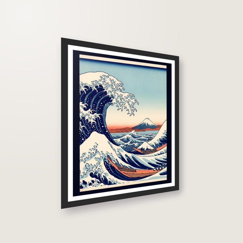 Japanische Welle Kunstdruck Digital | Ukiyo-e Woodblock Poster Download | Indigo Wandbild PDF bis 30x40 cm image 2