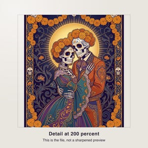 Dia De Los Muertos Printable Wall Art, Catrina Skeleton Couple Print, Day of the Dead Marigold Poster, Calavera Skull Art Nouveau Download image 3