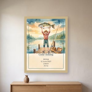 Lámina de pesca personalizada con nombre a medida, póster de la primera captura, regalo para pescadores con fecha, lámina decorativa imprimible en PDF de 30 x 40 cm. imagen 1