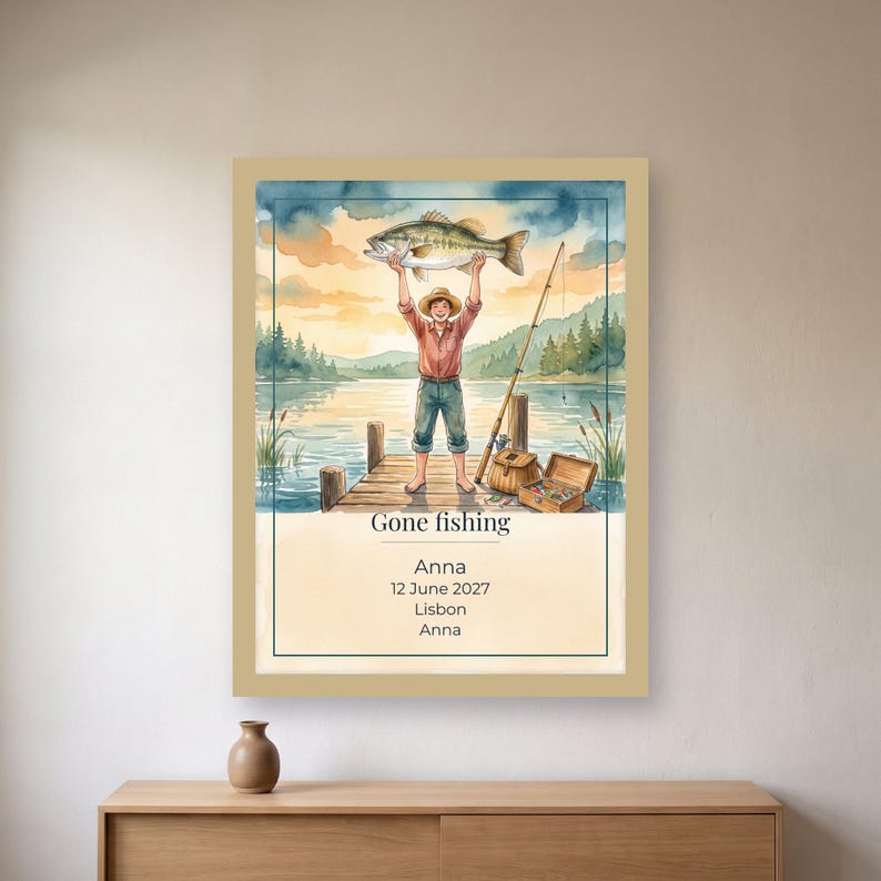 Lámina de pesca personalizada con nombre a medida, póster de la primera captura, regalo para pescadores con fecha, lámina decorativa imprimible en PDF de 30 x 40 cm. imagen 1