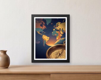 Può includere: Una stampa artistica da parete incorniciata raffigurante una mappa del mondo stilizzata su sfondo blu scuro, con un caldo orizzonte arancione e una dettagliata bussola in ottone in primo piano. La mappa mostra i continenti in toni tenui.