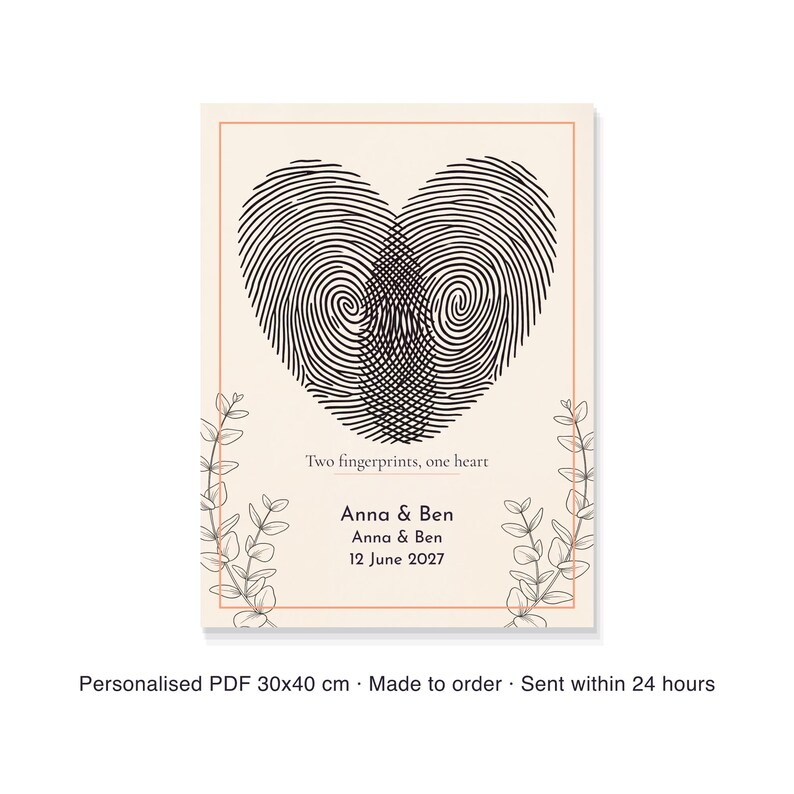 Fingerprint Heart Print for Couples Anniversary, Custom Thumbprint Heart Wall Art with Names and Date image 6