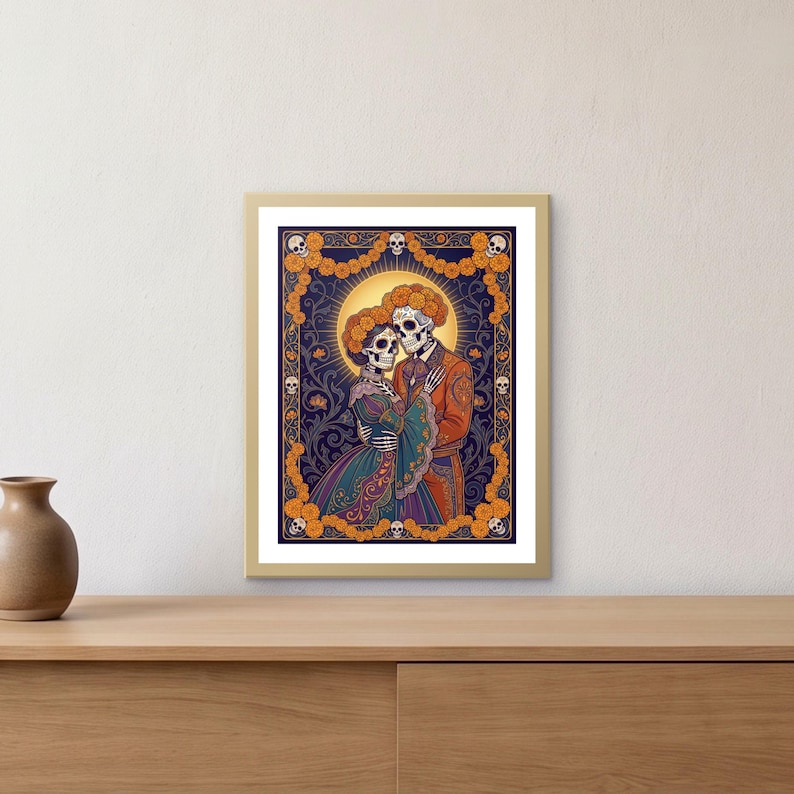 Dia De Los Muertos Printable Wall Art, Catrina Skeleton Couple Print, Day of the Dead Marigold Poster, Calavera Skull Art Nouveau Download image 1
