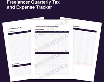 May include: A printable A4 planner titled Freelancer Quarterly Tax and Expense Tracker. The document includes pages for a Quarterly Mileage Log, Quarterly Income and Expense Tracker for January to March, and a Savings Tracker with dark headers.