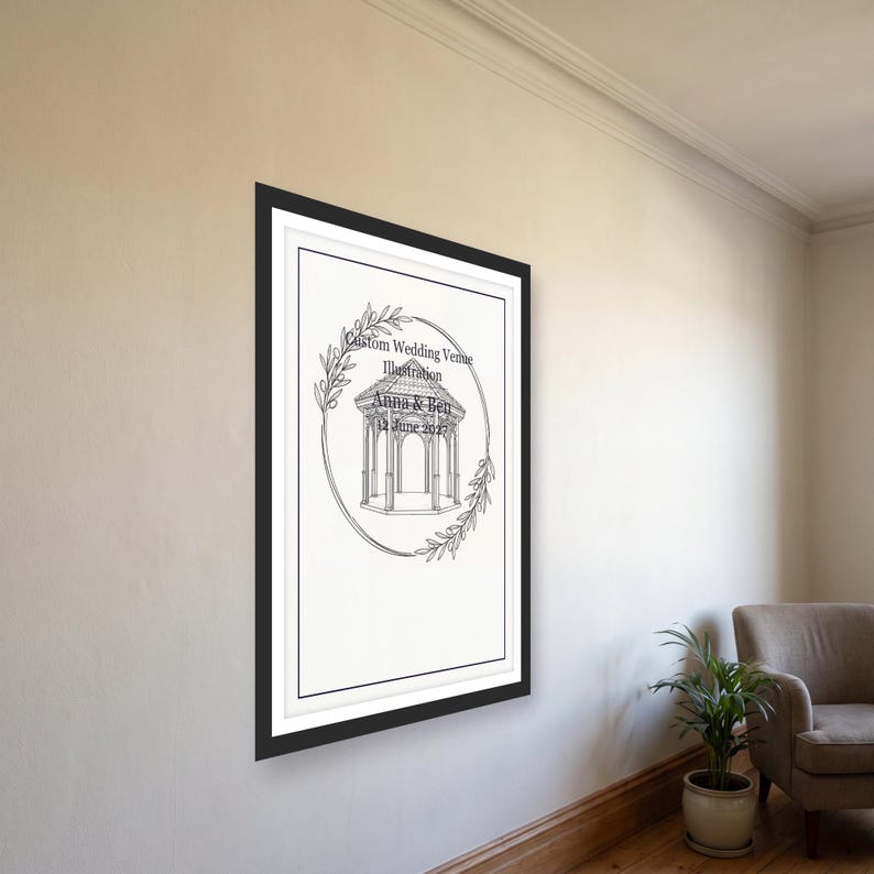 custom wedding venue illustration print, personalized venue sketch from photo, printable PDF 30 x 40 cm image 2