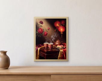 May include: A framed wall art print depicting a dark scene with a wooden table holding a brown teapot, two patterned tea cups with rising steam, and a plate of peaches. Red lanterns and red flowers hang in the background under a soft light.
