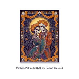 Dia De Los Muertos Printable Wall Art, Catrina Skeleton Couple Print, Day of the Dead Marigold Poster, Calavera Skull Art Nouveau Download image 6