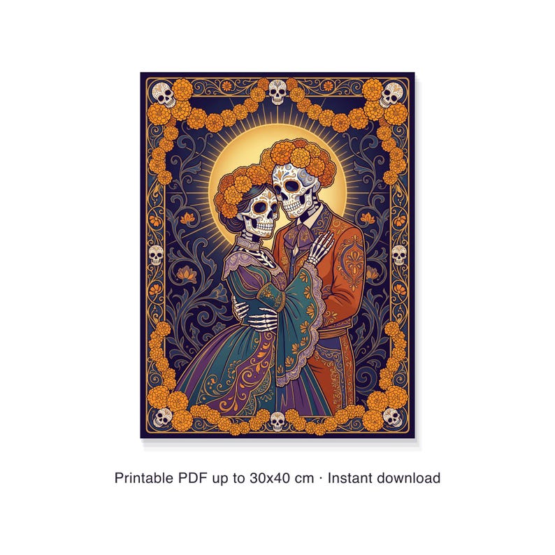Dia De Los Muertos Printable Wall Art, Catrina Skeleton Couple Print, Day of the Dead Marigold Poster, Calavera Skull Art Nouveau Download image 6