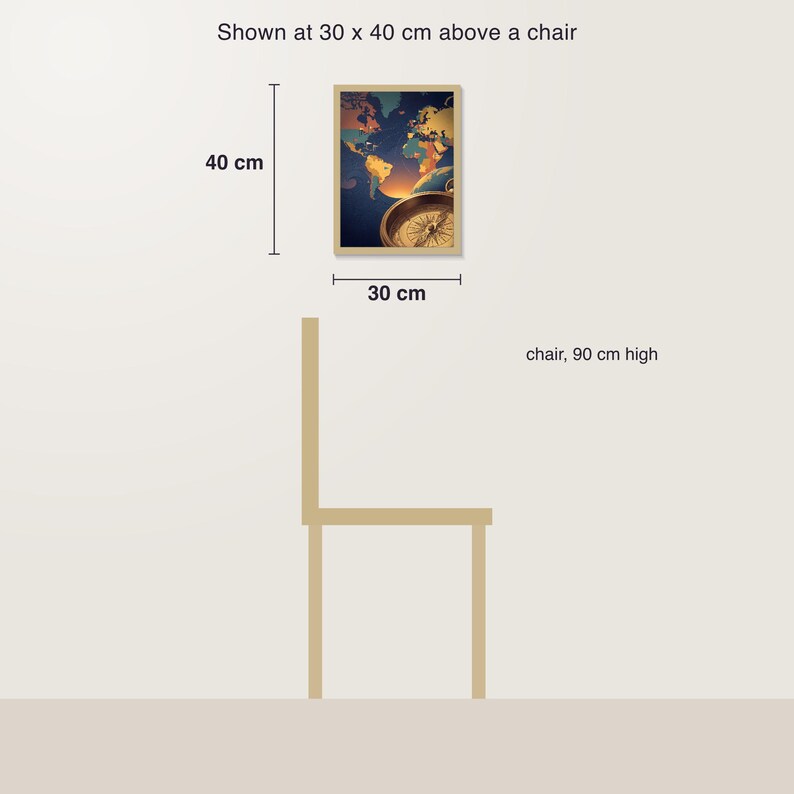 Vintage Weltkarte Poster Digitaler Download, Reiseplakat mit Kompass, Druckfertige PDF bis 30x40 cm, Sofortdownload Kunstdruck image 4