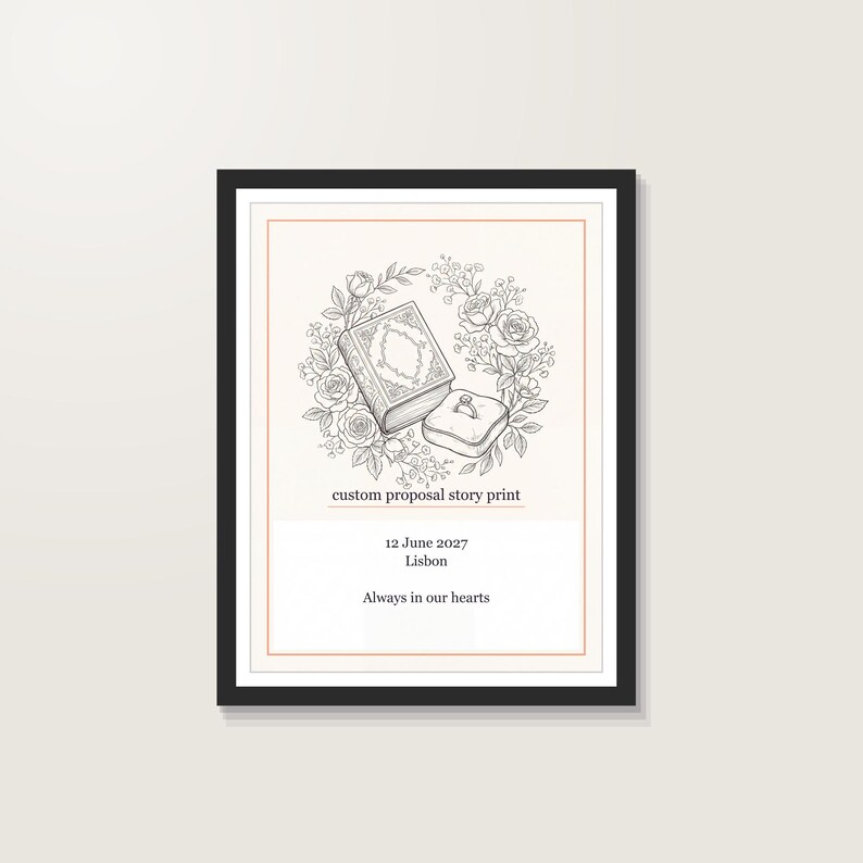 Hoe hij je ten huwelijk vroeg - Afdrukbare poster, gepersonaliseerd aanzoekverhaal met datum en locatie, printbaar PDF-bestand 30 x 40 cm afbeelding 2