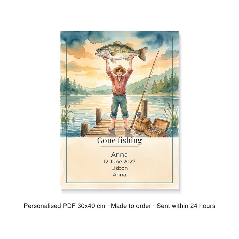Lámina de pesca personalizada con nombre a medida, póster de la primera captura, regalo para pescadores con fecha, lámina decorativa imprimible en PDF de 30 x 40 cm. imagen 6