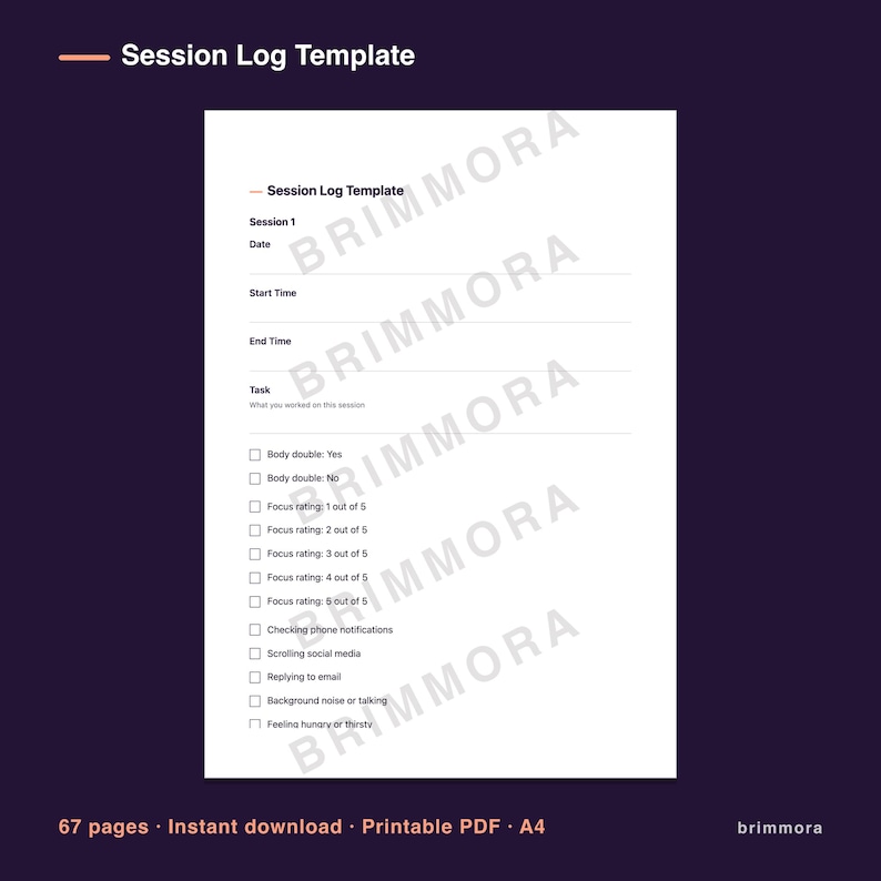 Body Doubling & Deep Work Session Log Printable Planner PDF bild 4