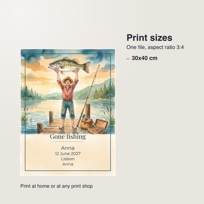 Lámina de pesca personalizada con nombre a medida, póster de la primera captura, regalo para pescadores con fecha, lámina decorativa imprimible en PDF de 30 x 40 cm. imagen 5