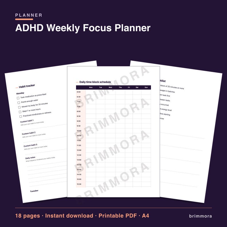 adhd weekly planner printable pdf, time management pages image 2