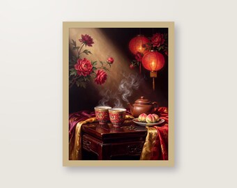 Chinesisches Teezeremonie Poster, Double Happiness Kunstdruck, Hochzeit Wandbild, Digitaler Download PDF bis 30x40 cm