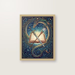 RPG Poster Kunstdruck Digital Download, Jugendstil Fantasy Wandbild, Zauberbuch Drache Schwert, Rollenspiel Geschenk, PDF Sofortdownload image 1