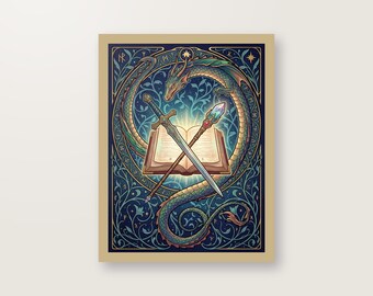 RPG Poster Kunstdruck Digital Download, Jugendstil Fantasy Wandbild, Zauberbuch Drache Schwert, Rollenspiel Geschenk, PDF Sofortdownload