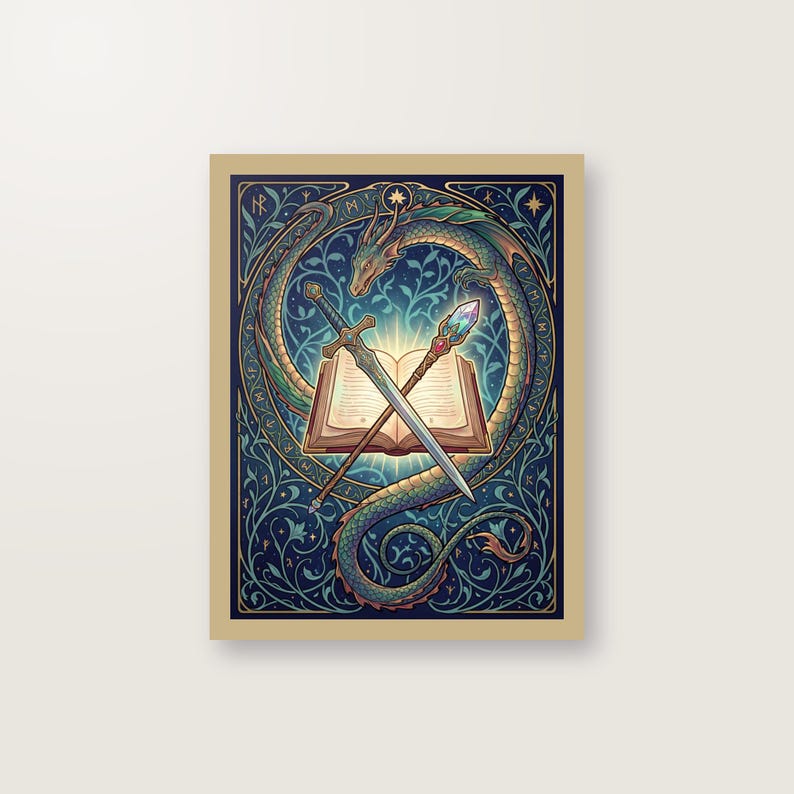 RPG Poster Kunstdruck Digital Download, Jugendstil Fantasy Wandbild, Zauberbuch Drache Schwert, Rollenspiel Geschenk, PDF Sofortdownload image 1